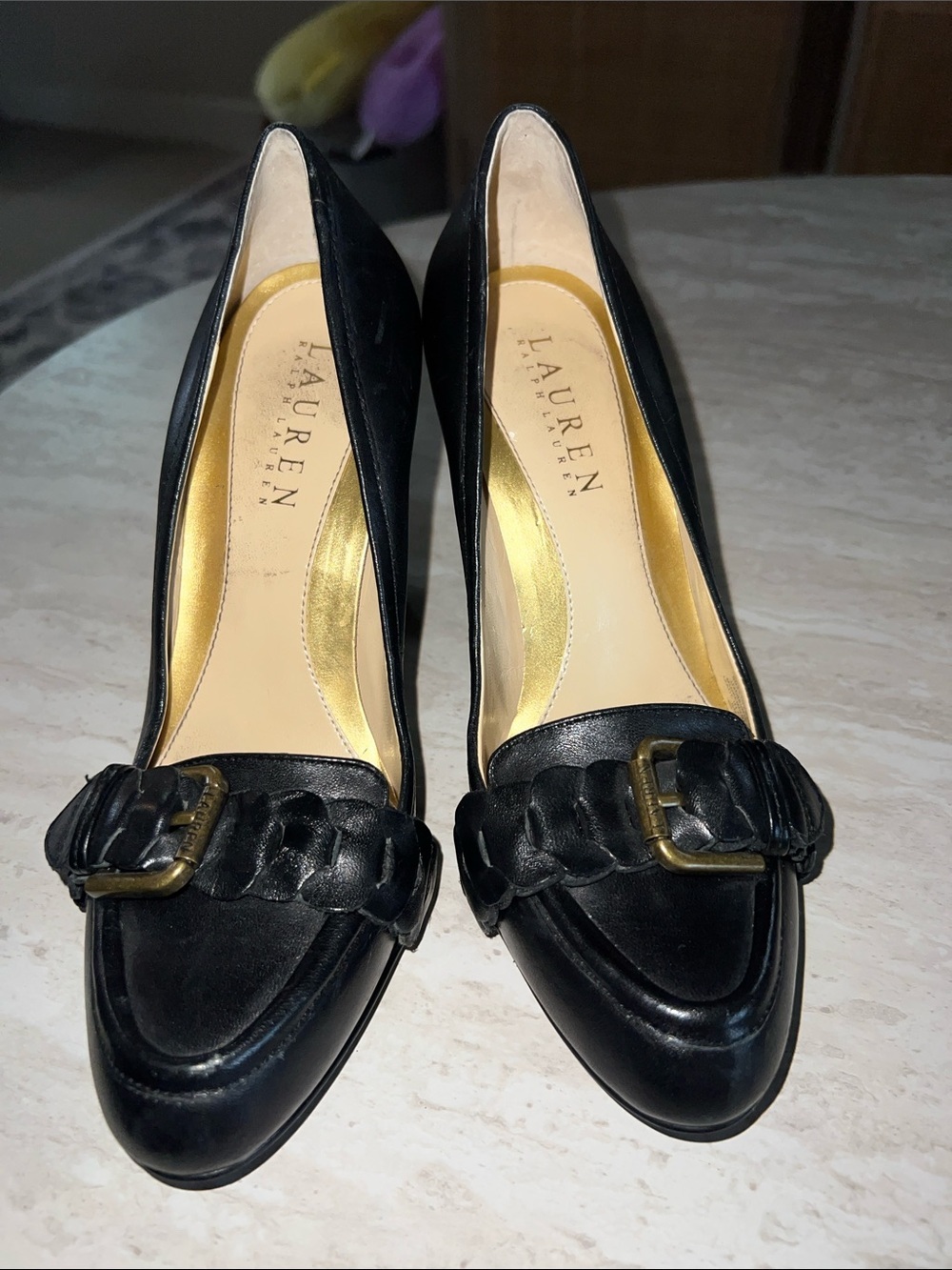 Lauren Ralph Lauren Black Leather Braided Buckle Pumps